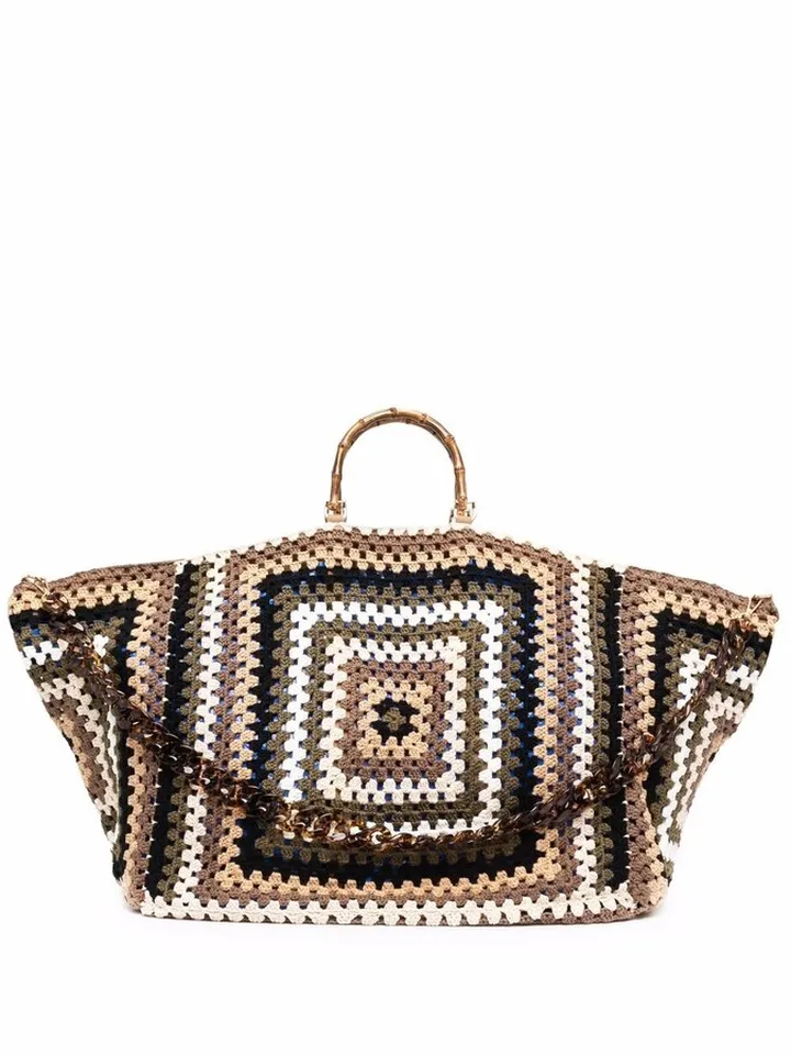 Crochet-Panel Top-Handle Shoulder Bag
