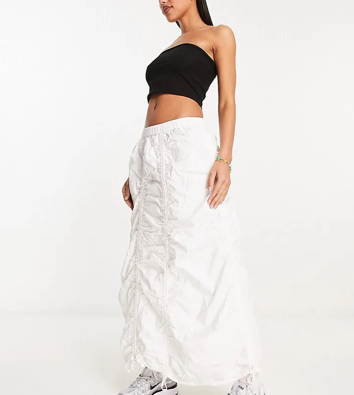COLLUSION ruched parachute midi skirt in white