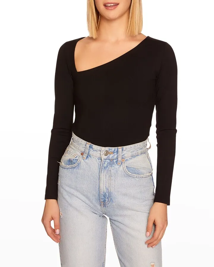 Diagonal-Neck Long-Sleeve Top