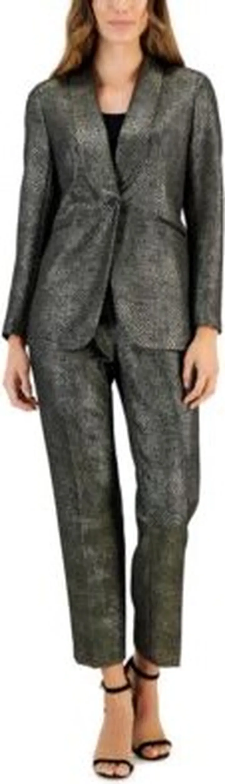 Kasper Womens Metallic Shimmer Jacquard Shawl Collar Jacket Slim Pants