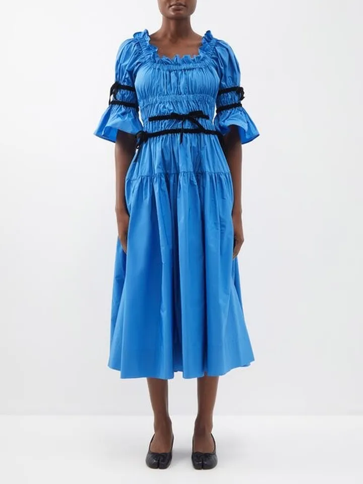 Mikha Velvet-trim Shirred Taffeta Midi Dress
