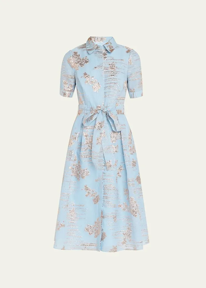 Metallic Jacquard Short-Sleeve Midi Shirtdress