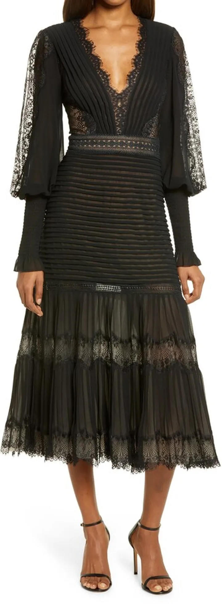 Lace Pintuck Long Sleeve Midi Cocktail Dress