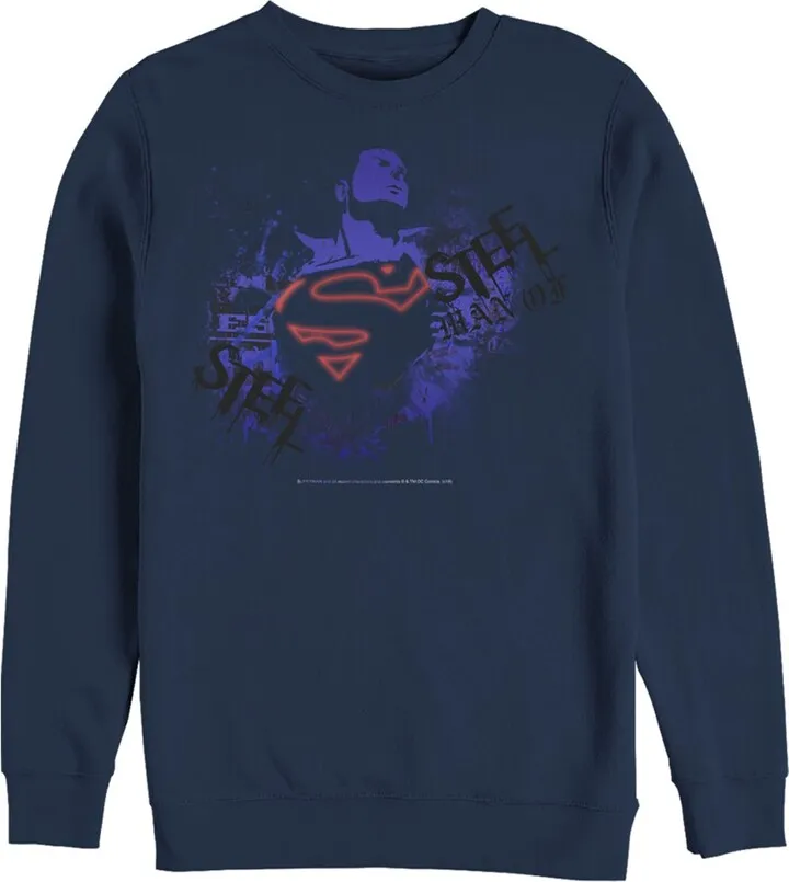 Men's Superman Hero Graffiti Neon Print Sweatshirt - Navy Blue - X Large