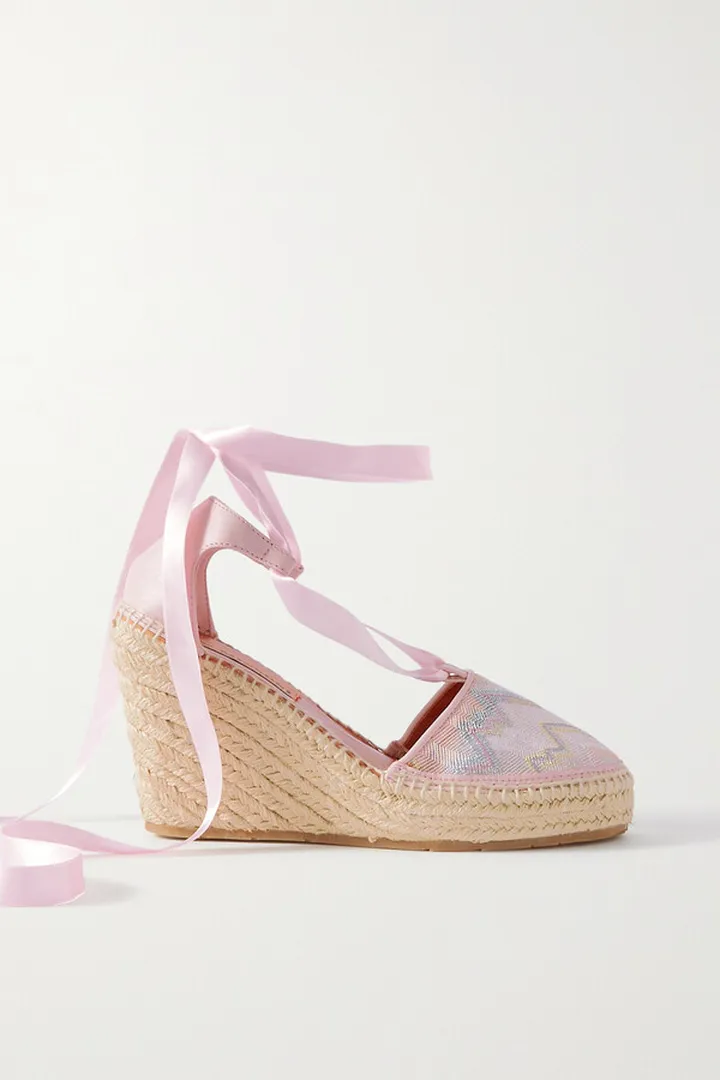 Missoni - Satin And Leather-trimmed Crochet-knit Espadrille Wedge Sandals - Pink