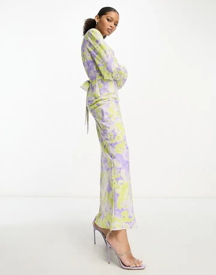 ASOS DESIGN belted maxi dress in lilac and yellow floral print