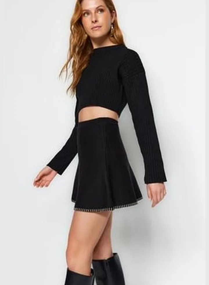 Black Mini Cotton Sweater Skirt TWOAW24ET00067