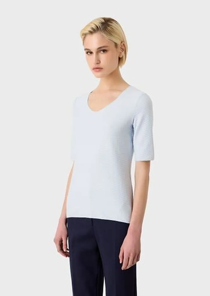 Stretch jacquard nylon V-neck jumper