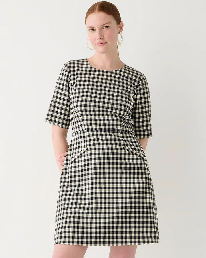 Short-sleeve mini dress in gingham bi-stretch wool blend