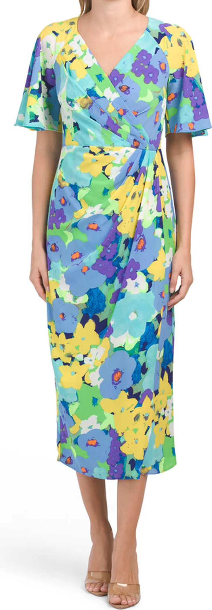 Drape Faux Wrap Floral Midi Dress