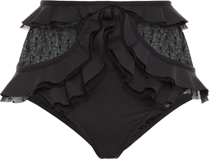 Point d'esprit-paneled ruffled high-rise bikini briefs