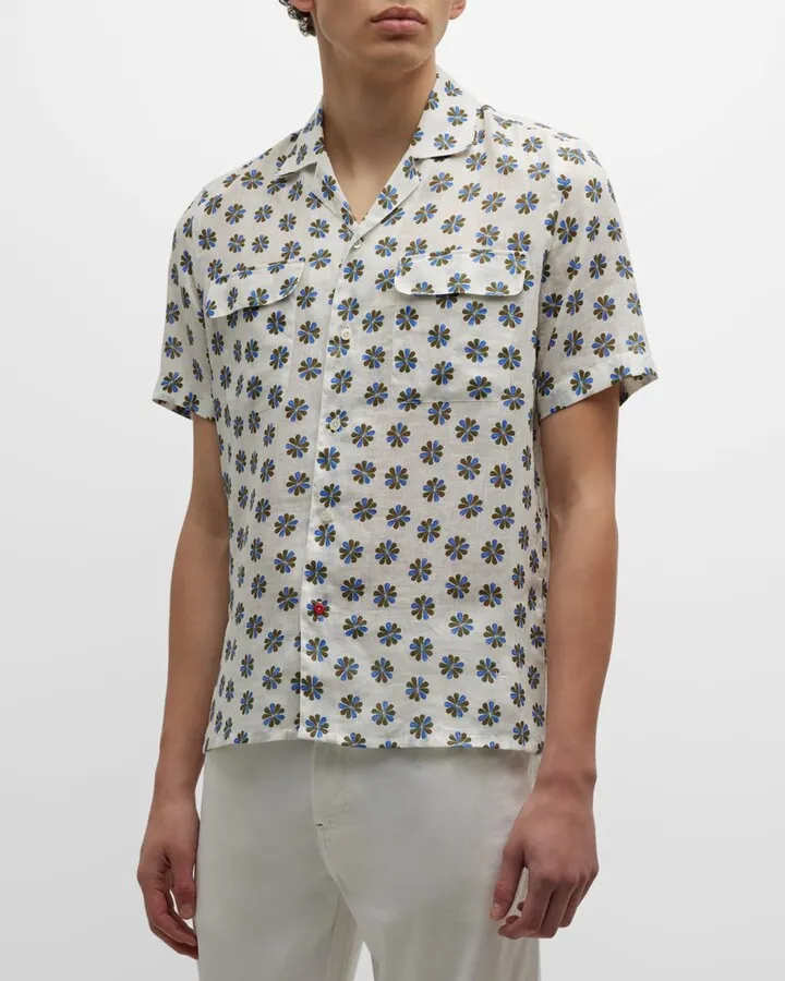 Men's Floral-Print Linen Sport Shirt