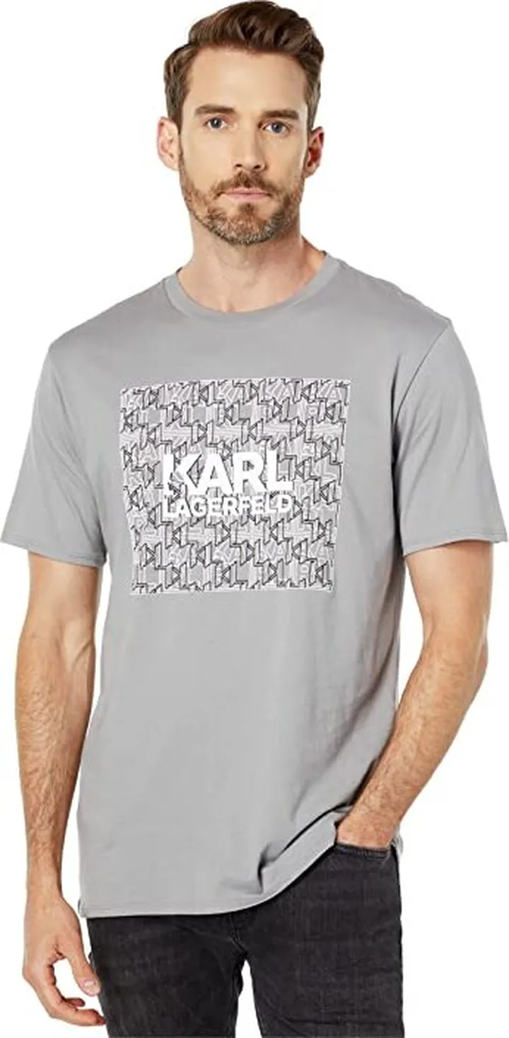 Karl Lagerfeld Paris Textured Square Logo Tee (Flat Print) (Grey) Men's T Shirt