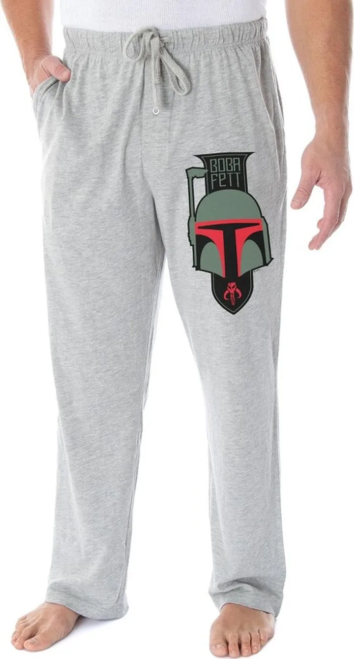 Star Wars Men's Boba Fett Helmet and Mythosaur Skull Banner Sleep Pajama Pants (M) Grey
