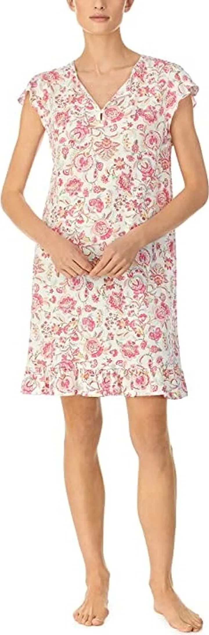 LAUREN Ralph Lauren Flutter Sleeve Keyhole Flounce Gown (Pink Multi) Women's Pajama