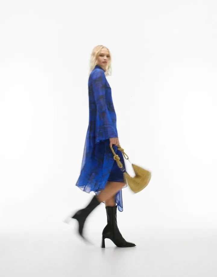 Topshop check and floral fluted seamed asymmetric midi dress in cobalt