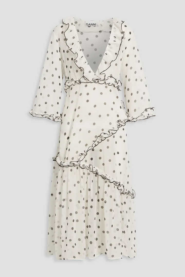 Ruffled polka-dot chiffon midi dress