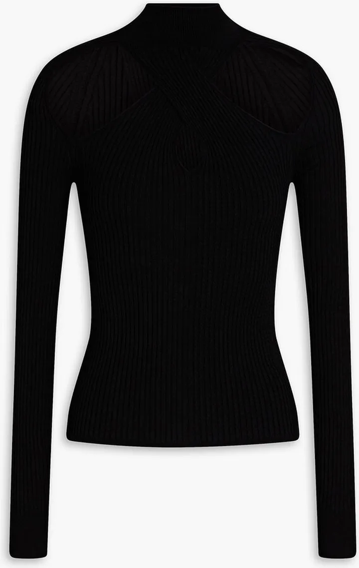 Cutout ribbed and cable-knit turtleneck sweater