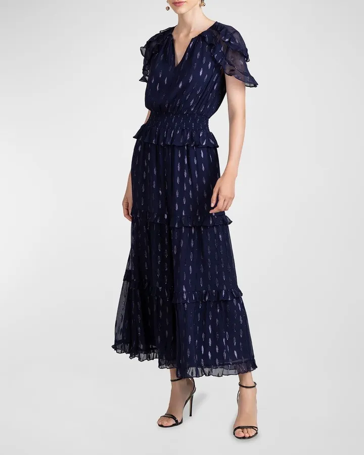 Metallic Fleck Ruffle-Trim Maxi Dress