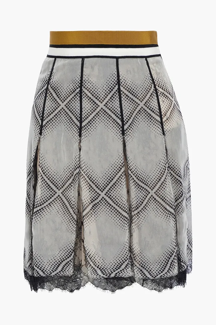 Pleated lace-paneled printed silk-chiffon mini skirt