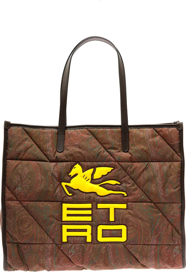 Brown Maxi Tote Bag In Quolted Jacquard Nylon With Cube Logo Woman Etro
