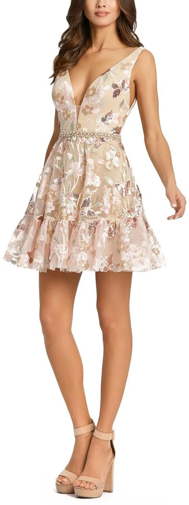 V Neck Sequin Floral Cocktail Dress
