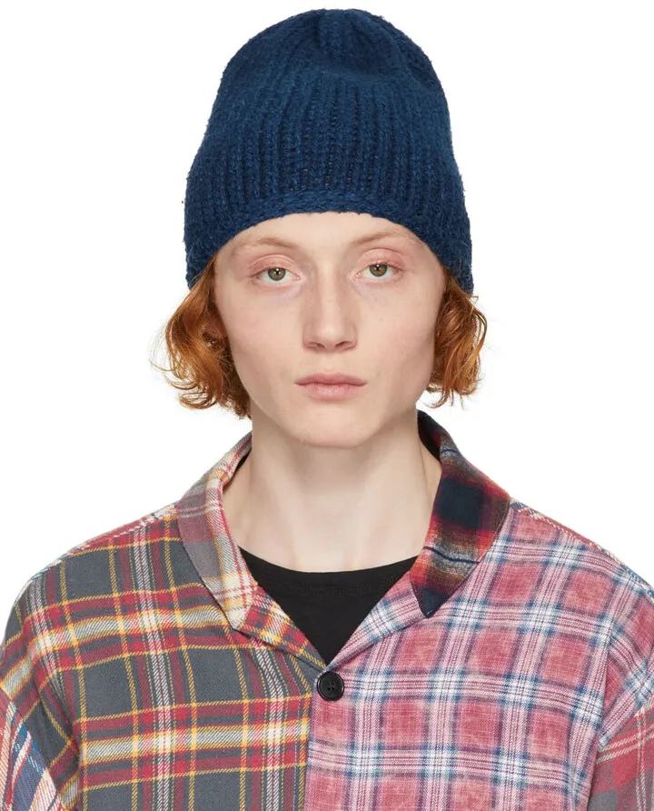 Greg Lauren Navy Rib Knit Beanie