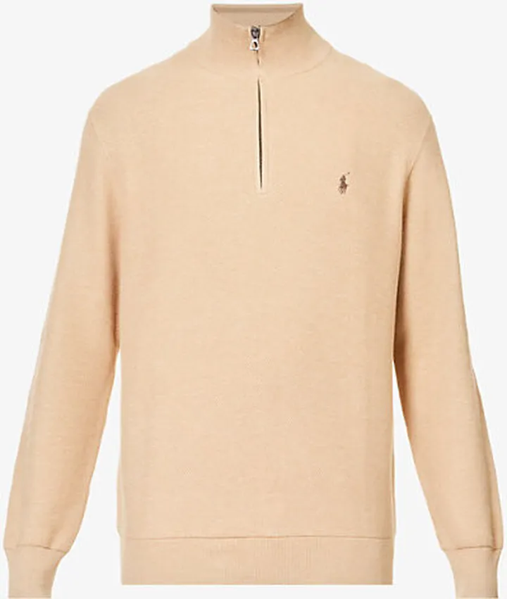 ens Camel elange Funnel-neck Quarter-zip Cotton-knit Jumper
