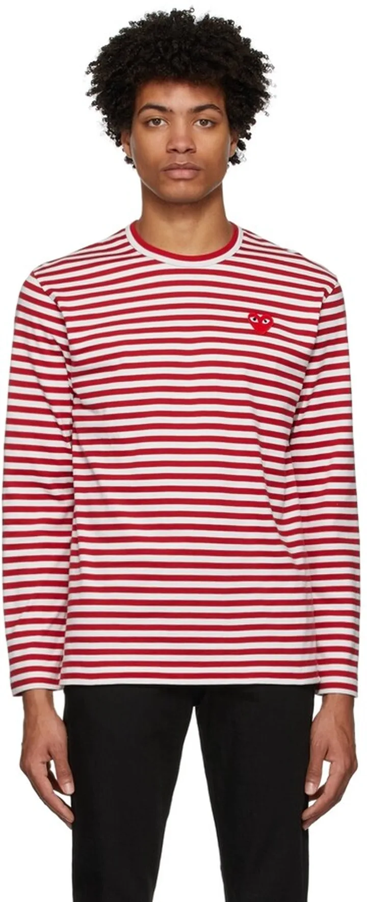 Comme des Garçons Play Red & White Striped Heart Patch Long Sleeve T-Shirt