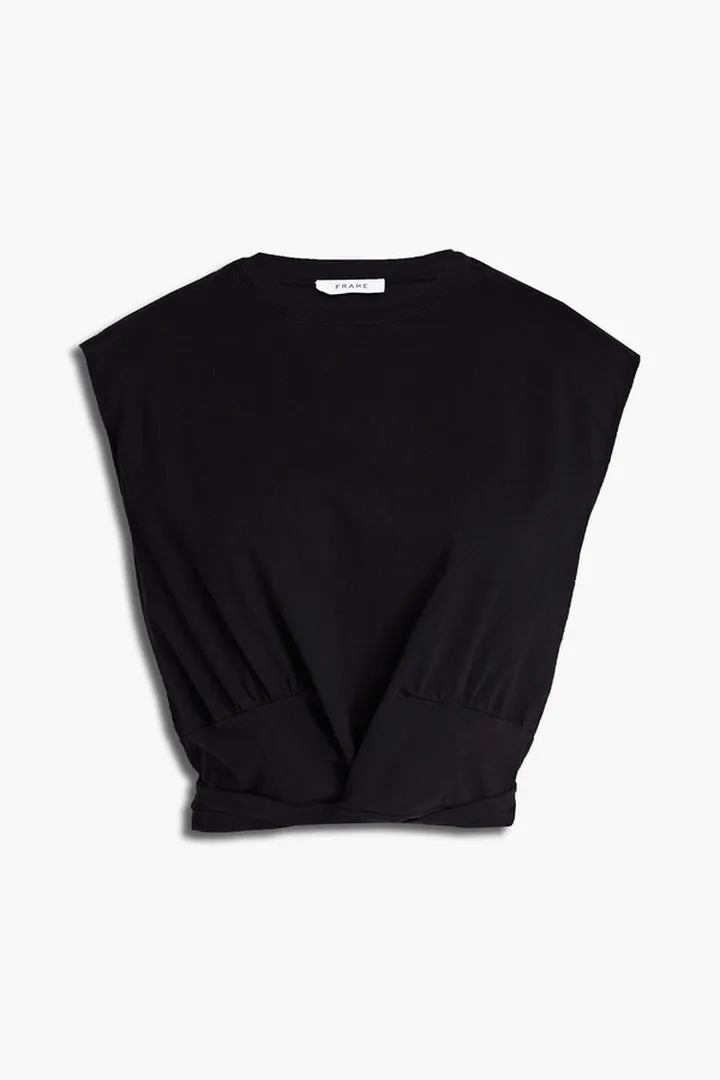 Cropped tie-front organic cotton-blend jersey tank