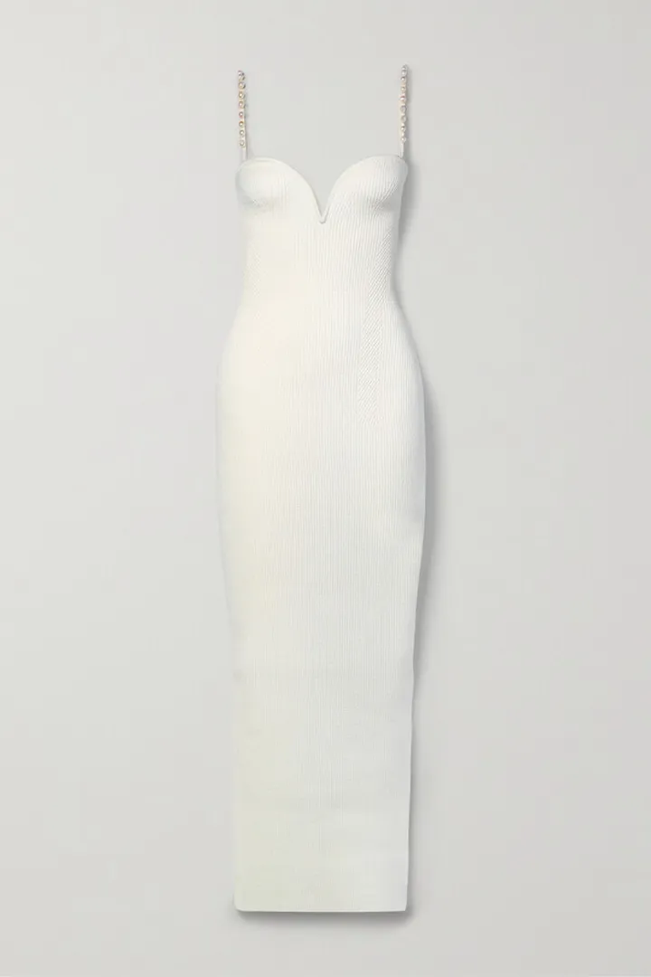 Galvan - Thalia Faux Pearl-embellished Ribbed-knit Gown - White