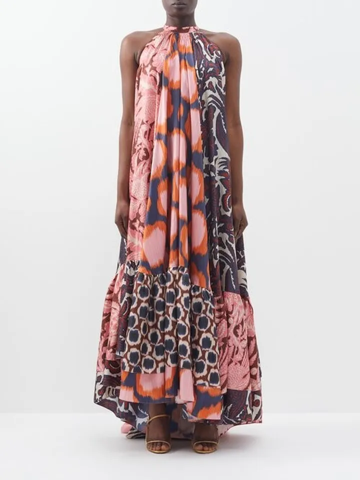 Galeo Patchwork-print Halterneck Silk-twill Gown