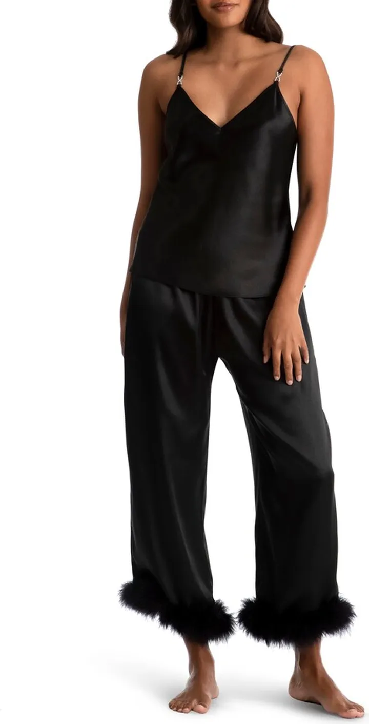 Noelle Feather Trim Satin Pajamas