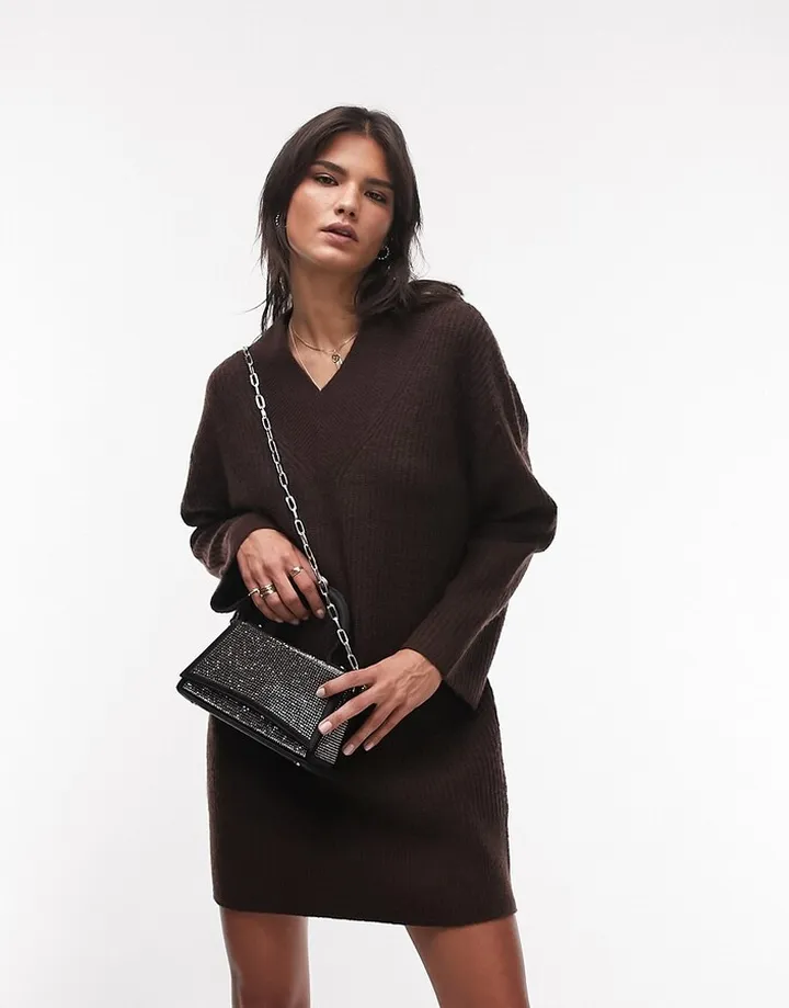Topshop knitted v neck mini dress in chocolate