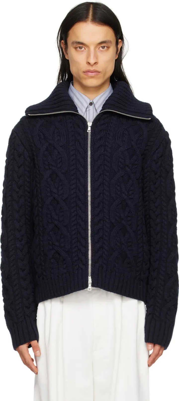 Dries Van Noten Navy Cable Zip Sweater