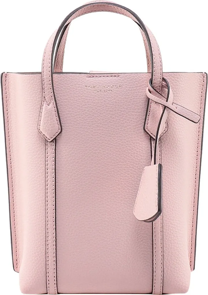 Leather handbag with metal logo charm