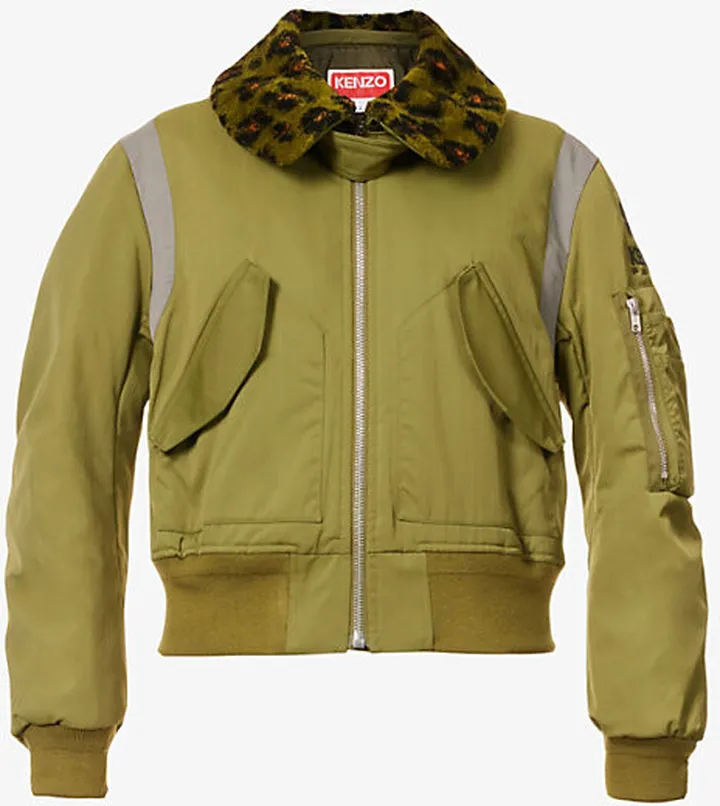 Womens Khaki ogo-embroidered Detachable-collar Woven Bomber Jacket