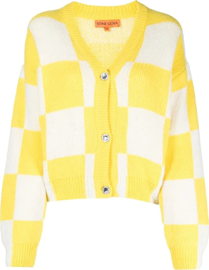 checkerboard-knit V-neck cardigan