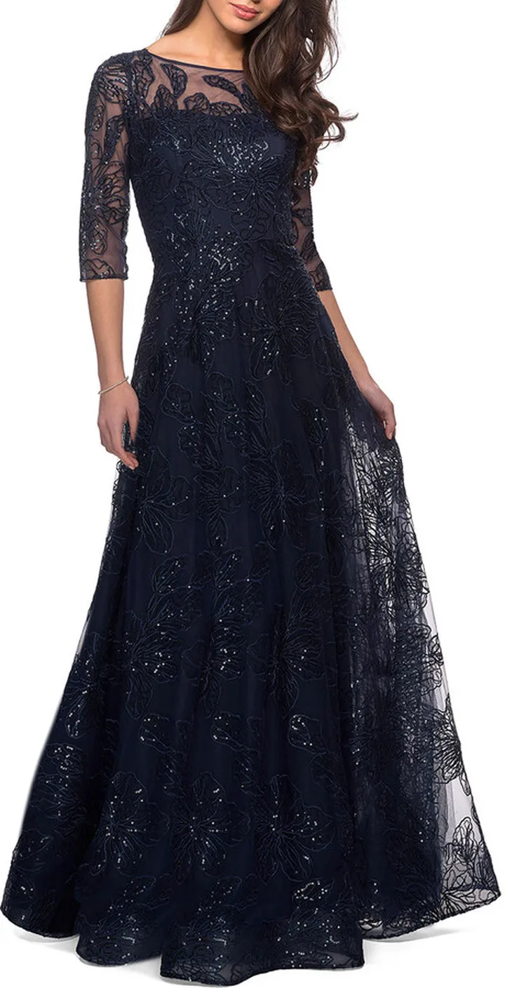 A-line Lace Sequin Gown with Sheer Scoop Neckline