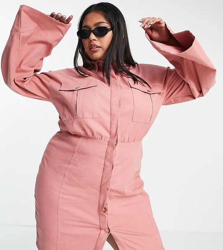 ASOS DESIGN Curve mini shirt dress with utility pockets in rose