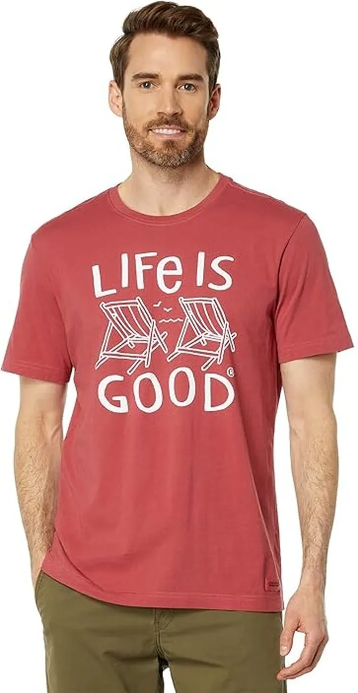 Life is Good AT the Beach Chairs Short Sleeve Crusher-Lite Tee (Faded Red) Men's T Shirt