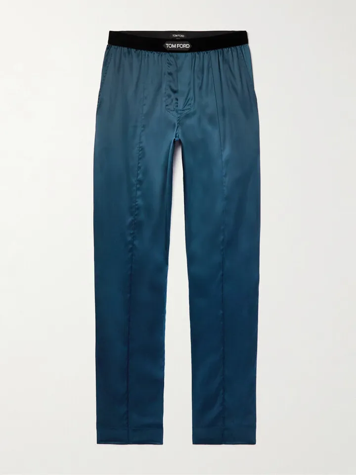 Velvet-Trimmed Stretch-Silk Satin Pyjama Trousers
