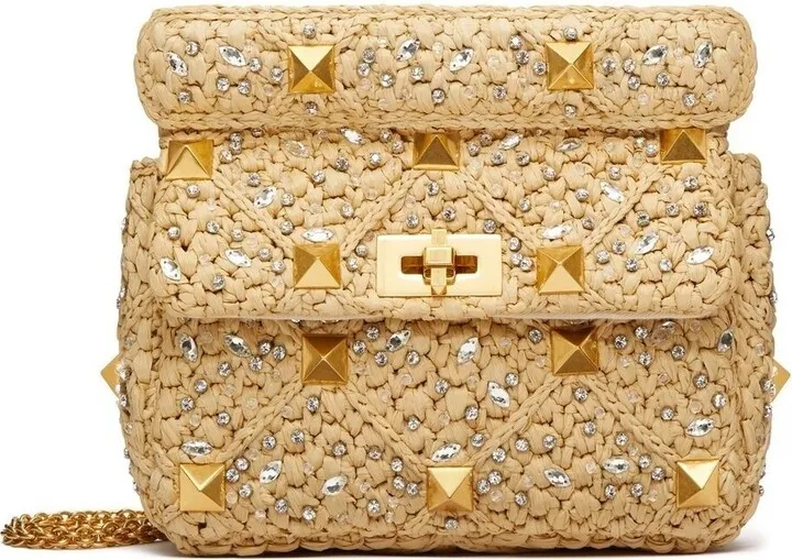 Beige Roman Stud Raffia Shoulder Bag