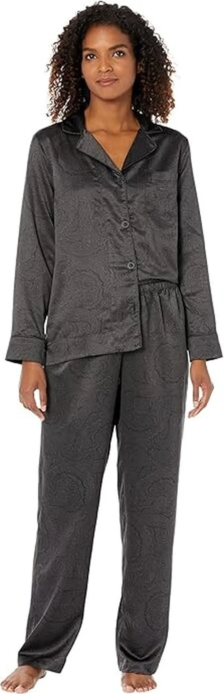 LAUREN Ralph Lauren Satin Long Sleeve Notch Collar PJ Set (Black) Women's Pajama Sets