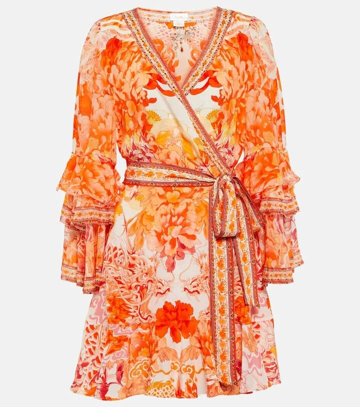 Embellished floral silk wrap dress