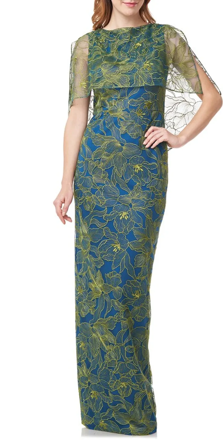 Regina Leaf Embroidery Capelet Column Gown