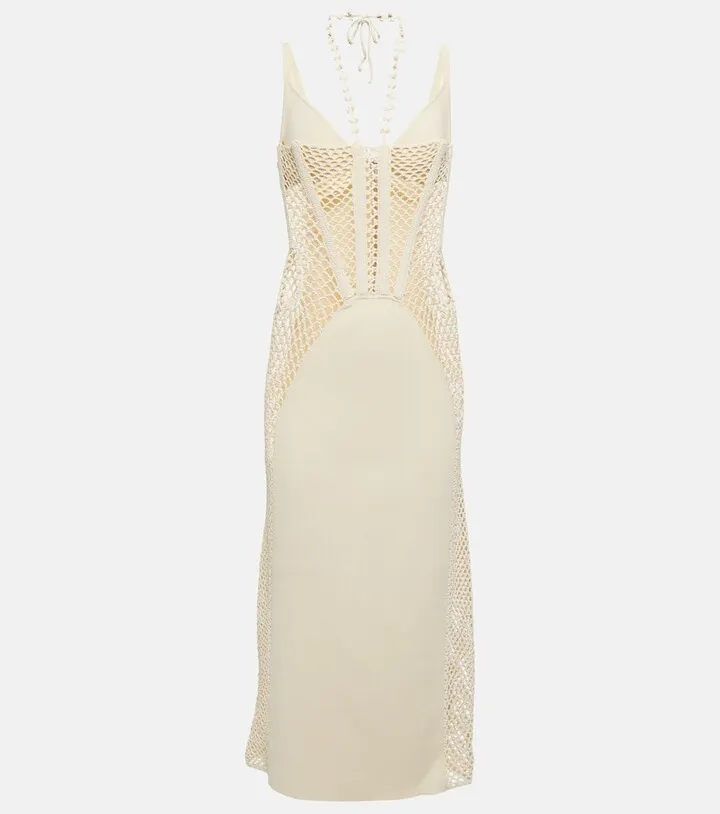 Coral crochet-paneled midi dress
