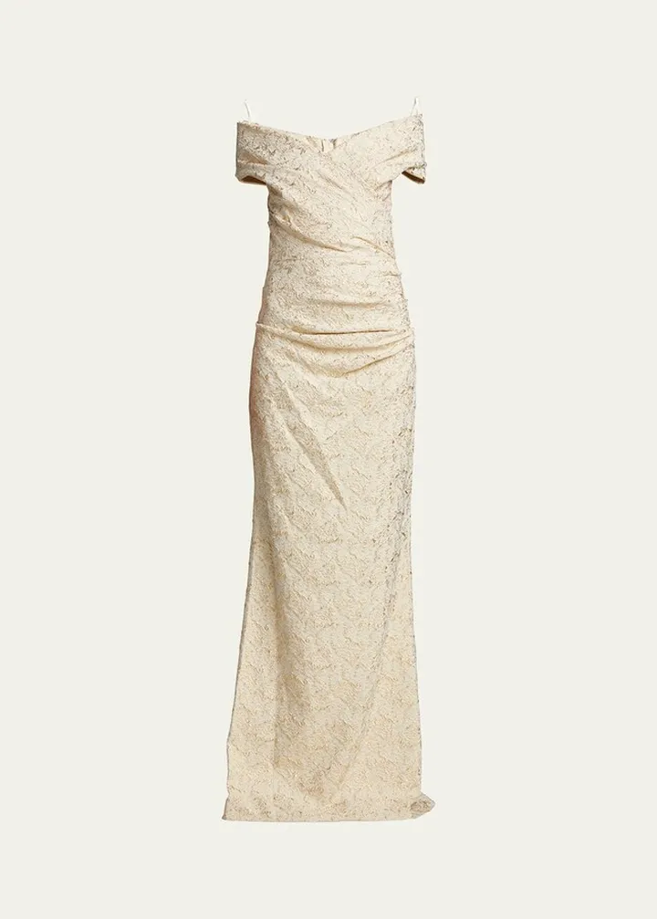 Off-Shoulder Ruched Jacquard Gown