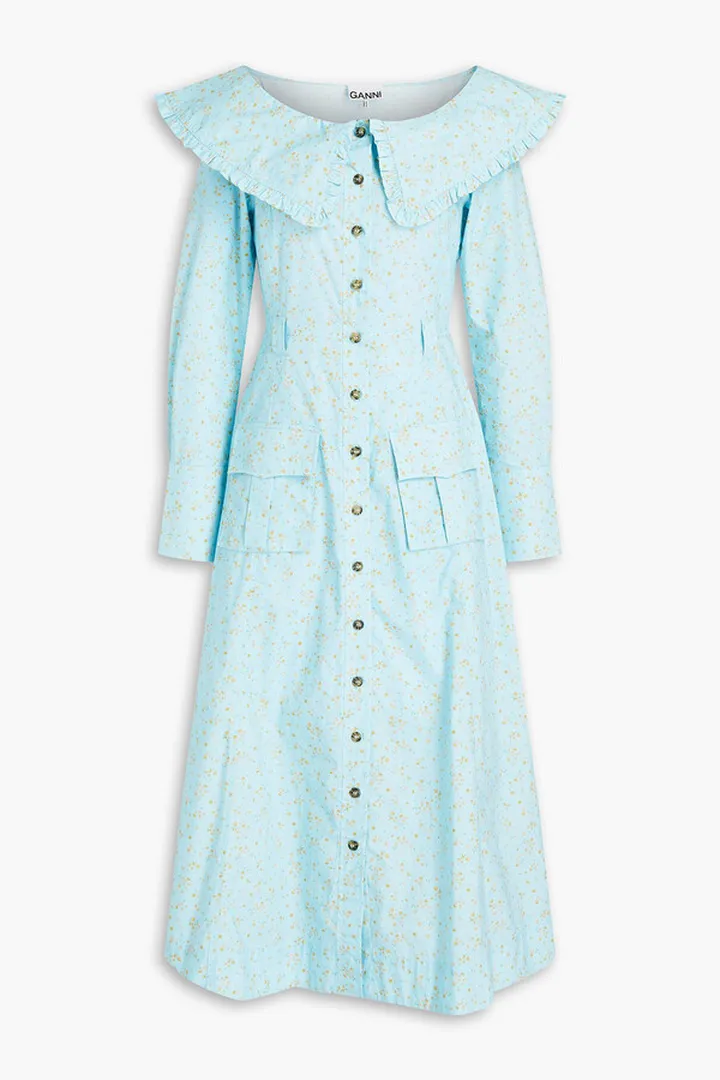 Ruffle-trimmed floral-print organic cotton-poplin midi dress
