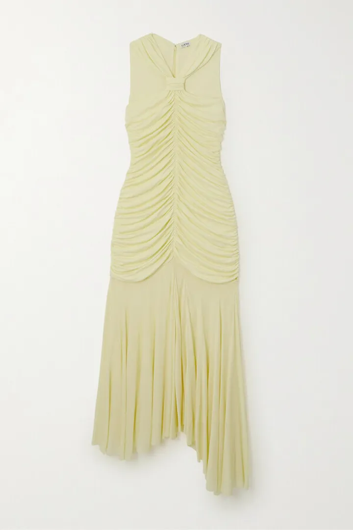 Loewe - Asymmetric Gathered Crepe Midi Dress - Yellow